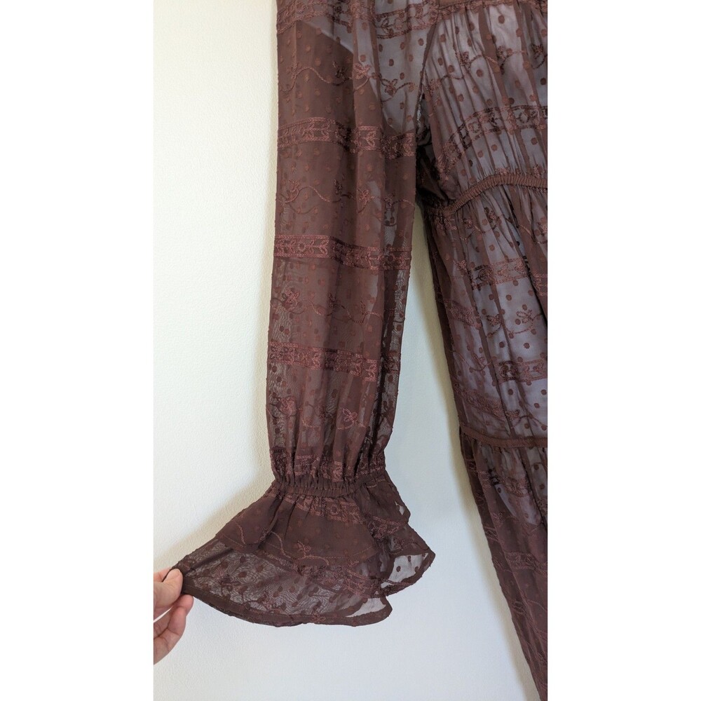 Altard State Sheer Maxi Duster Tie Front Dress M Embroidered Fairy Grunge Brown - Picture 3 of 15